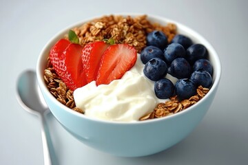 A light blue bowl filled with granola, yogurt, strawberries, and blueberries