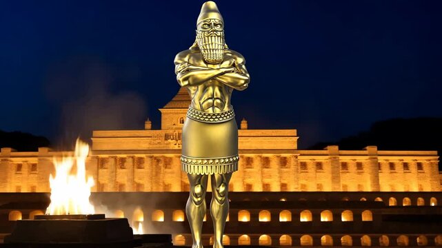 A golden statue dream of an ancient empire king with an old building in the background Biblical Prophecies World Empires 4K