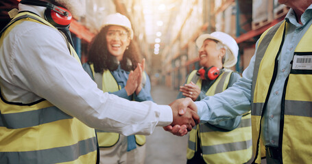 Warehouse, clapping and people with handshake for shipping deal, agreement and celebration....