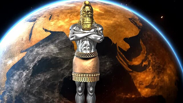 A statue made of various metals dream of an ancient empire king with the planet earth in the background Biblical Prophecies World Empires 4K