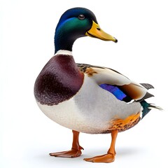 Obraz premium A vibrant male mallard duck stands proudly against a stark white background showcasing its iridescent plumage and detailed features.