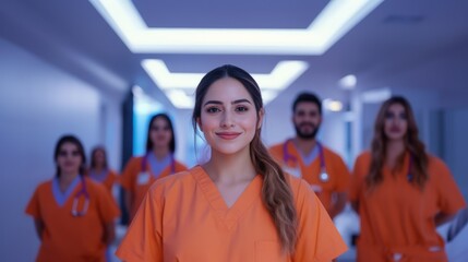 Obraz premium Team of healthcare professionals walking down hospital hallway