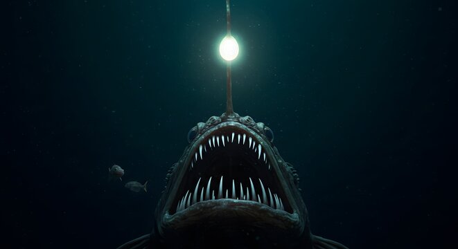 AI image. A terrifying front view of an anglerfish, mouth agape showing rows of sharp teeth, its lure glowing brightly above.