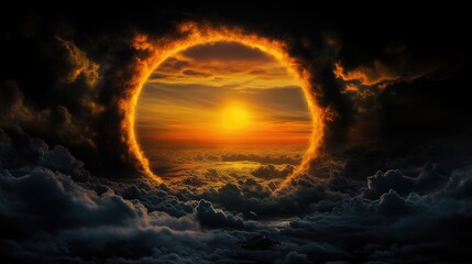 Fiery sunset ringed by dark clouds