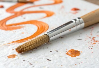 Obraz premium Brush with Artistry: A detailed shot captures a paint brush resting on a textured surface decorated with artistic orange paint strokes, emphasizing creativity.