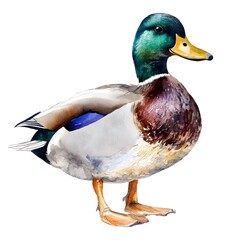 A detailed watercolor painting depicts a male mallard duck standing proudly on a white background showcasing its vibrant plumage.