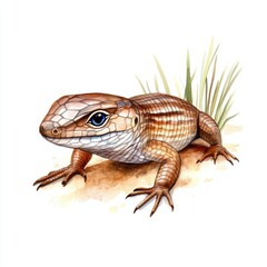 Obraz premium Detailed Watercolor Illustration of a Realistic Lizard with Green Grass on a Neutral Background