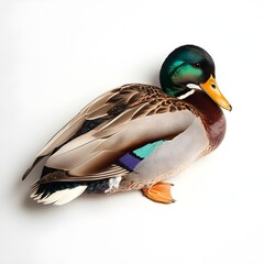 Obraz premium A detailed close-up photograph showcases a male mallard duck lying on a pristine white background in a studio setting.