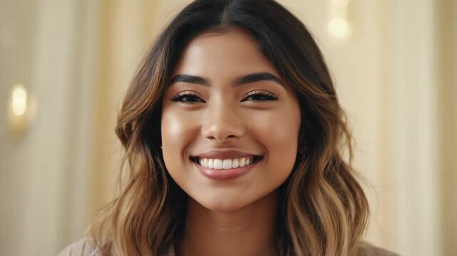 AI generative video showing a cheerful young latino woman with vibrant hair smiling at the camera. Close-up portrait with a toothy grin and expressive eyes. 4K resolution AI generated video