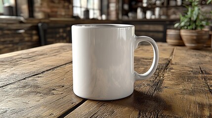 Blank Mug on Rustic Wooden Table.