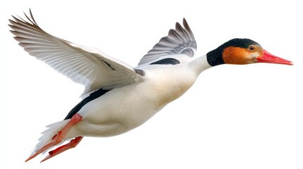 White and black duck is flying in the air. The bird has a black beak and orange feet
