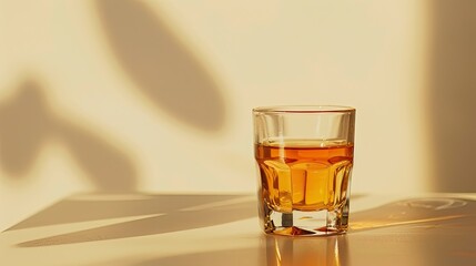 Amber Whiskey in a Transparent Glass with Sunlit Shadows