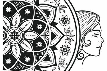 37 Intricate black and white illustration, psychedelic art, complex patterns, organic swirls, abstract shapes, floral motifs, symmetrical design, zentangle style, ornate details, surreal imagery, myst