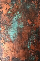 Fototapeta premium Copper and Teal Patina Abstract Texture Close-up, Rustic Metal Surface with Oxidized Finish, Vertical Composition, Studio Shot