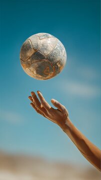 Male hand throwing volleyball into the air against blue sky