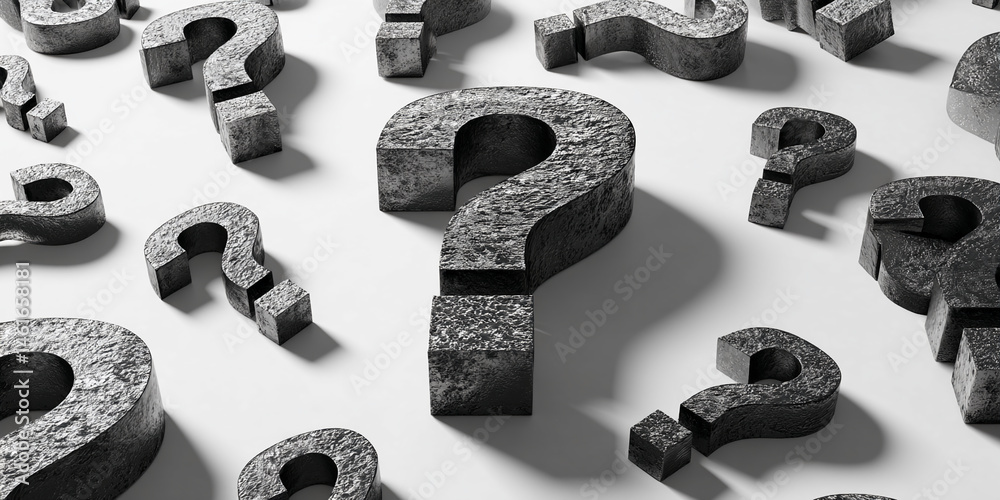 Poster Stone-textured question marks scattered on white background, showcasing uncertainty, inquiry, or problem-solving concepts