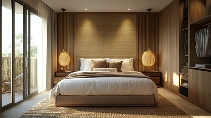 Fototapeta premium Comfortable hotel bedroom with felt headboard with natural fabric cushion, rattan lamp, wood nightstand and a big wooed wardrove. Holiday destination apartment with Scandinavian style. 