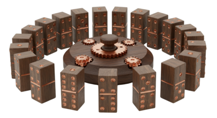 Circle of standing dominoes around mechanical gear wheel on white background