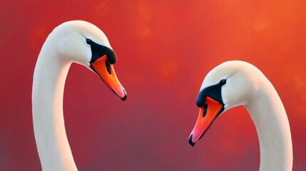 Fototapeta premium Two swans are facing each other with their beaks open. The swans are white and their beaks are orange. The image has a warm and romantic mood