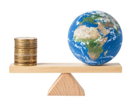 A stack of coins and a globe balanced on a wooden seesaw, representing the relationship between money and the world.