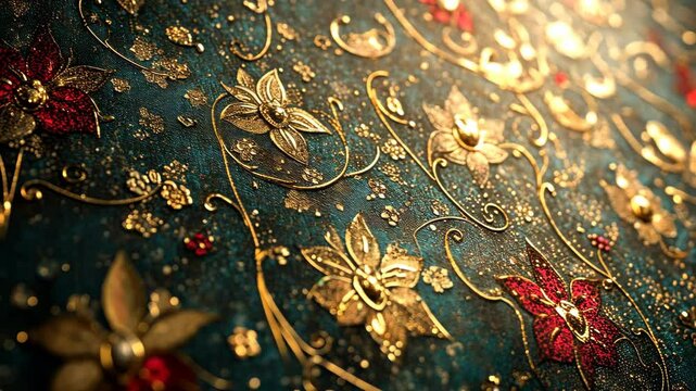 Intricate gold and red floral pattern on dark teal background