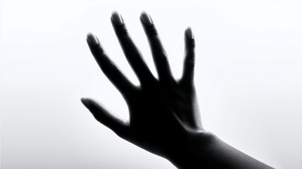 Obraz premium Hand is shown in a black and white photo. The hand is in a shadow, and the photo is taken from the side. Scene is mysterious and eerie, as the hand is not fully visible