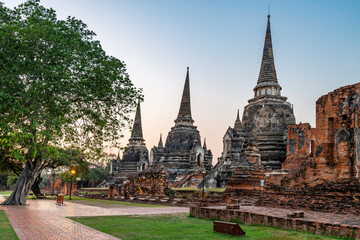 Fototapeta premium Ayutthaya Temple ruins at sunset,within the ancient Royal Palace complex,Thailand.