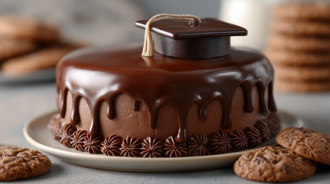 A beautifully designed chocolate cake topped with a graduation cap sits on a plate alongside freshly baked cookies
