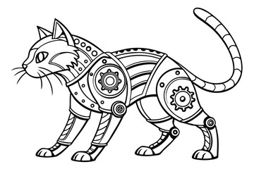 39 Steampunk cat robot, intricate mechanical details, cybernetic feline, gears and circuits, cute robotic eyes, whiskers, cat ears, paws with metal joints, retro-futuristic design, black and white ill