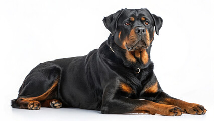 Obraz premium Portrait of a happy dog. beautiful rottweiler sitting and looking at camera. White background.