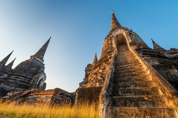 Pagoda stairway at sunset,ancient Royal Palace temple,Ayutthaya,Thailand.