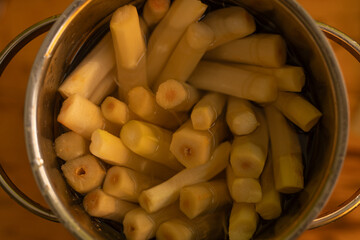 Close-up of freshly blanched bamboo shoots in a pot, ready for cooking.  Perfect for Asian cuisine.