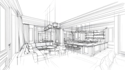 Interior design architectural sketch of a modern space.