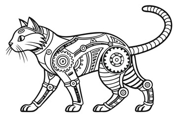 39 Steampunk cat robot, intricate mechanical details, cybernetic feline, gears and circuits, cute robotic eyes, whiskers, cat ears, paws with metal joints, retro-futuristic design, black and white ill