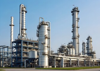 Fototapeta premium Industrial refinery complex with intricate piping, towers, and equipment under a clear blue sky.