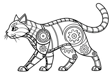 39 Steampunk cat robot, intricate mechanical details, cybernetic feline, gears and circuits, cute robotic eyes, whiskers, cat ears, paws with metal joints, retro-futuristic design, black and white ill