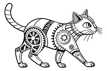 39 Steampunk cat robot, intricate mechanical details, cybernetic feline, gears and circuits, cute robotic eyes, whiskers, cat ears, paws with metal joints, retro-futuristic design, black and white ill