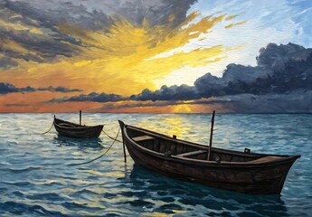 Obraz premium Tranquil Sunset on the Water: Two serene boats gently bob on the tranquil water at dusk, under a breathtaking sunset sky with a blend of warm colors and dramatic clouds.