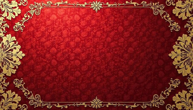 Intricate floral damask pattern in elegant gold on deep red background, design, red patterns