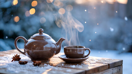 Fototapeta premium Cozy Winter Tea Time with Steaming Teapot and Cup on Snowy Wooden Table