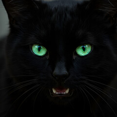 Close-up of a black cat's face with glowing eyes
