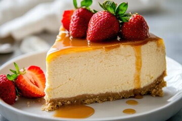 Cheesecake slice with caramel and raspberry