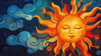 A radiant, golden Earth, depicted as a sun, shines intensely. A silhouetted cityscape and distant clouds are visible under the vast orange sky, symbolizing global energy or climate change