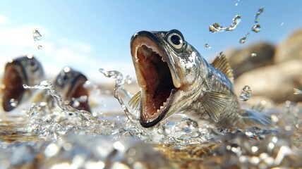 Cartoon anchovy characters with playful expressions, vibrant ocean backdrop, 3D illustration