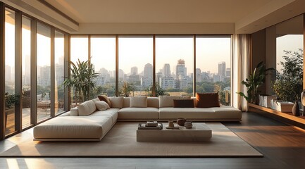 Modern living room with panoramic city view.