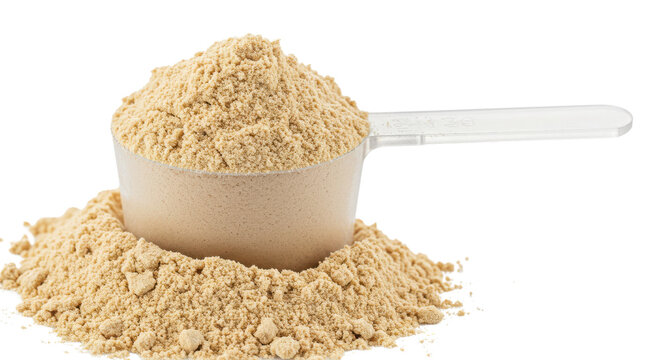 Protein Powder Scoop on White Background | Nutritional Supplement for Sports, Fitness, and Health Marketing