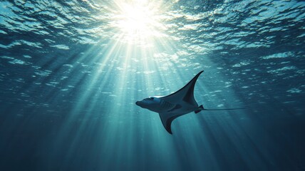Manta ray swimming through sunlight beams in deep blue sea, serene ambiance, 3D illustration