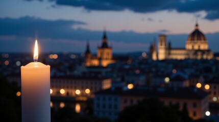 Fototapeta premium Glowing candle flame with blurred cityscape at dusk - peaceful european night