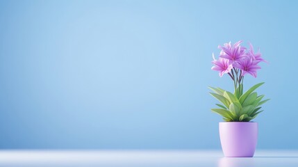 Fototapeta premium Pastel pink flowers in a pot against a light blue background