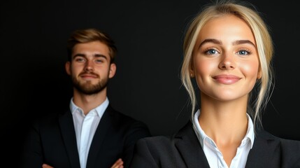 Professional young man and woman in formal attire posing confidently against a dark background for business or corporate theme